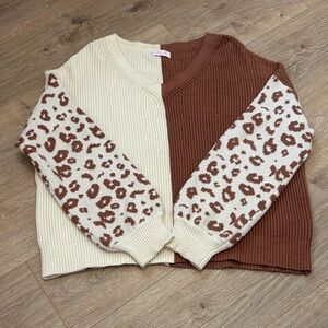 Pink Lily Cream and Brown Leopard Sleeve Sweater